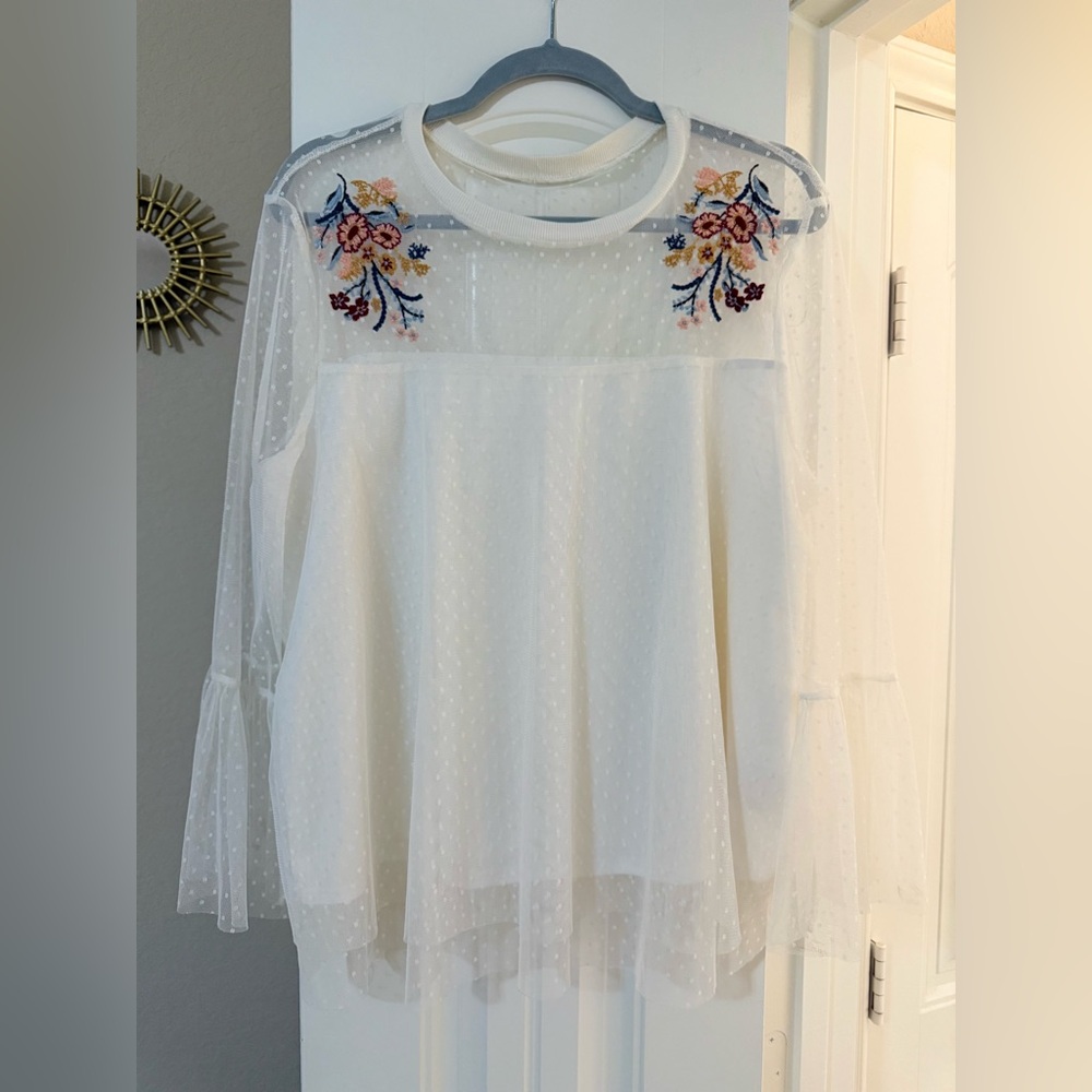 Embroidered Floral Sheer White Top